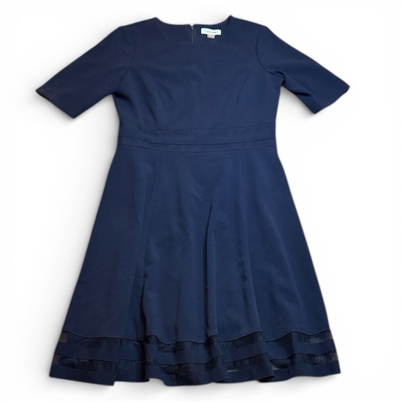 Calvin Klein Elegant Navy Midi Dress with mesh stripes sz 6 - Picture 2 of 14